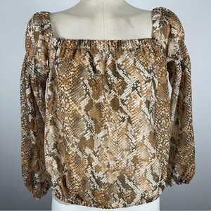 Guess Y2K Snake Print Puff Sleeve Blouse - Tan & Cream - Size S